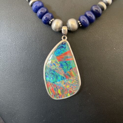 Men's Sterling Silver Necklace | Blue Lapis Bead | Opal Inlay Pendant | 10583