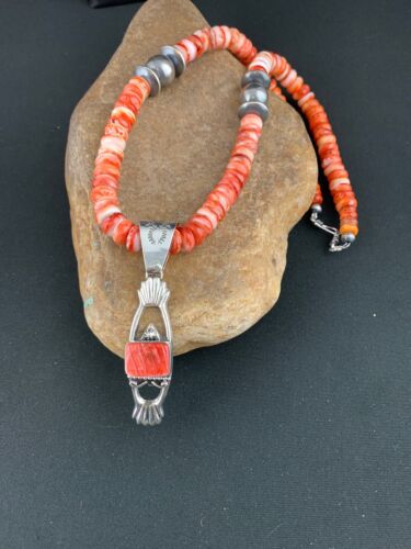Navajo Red Spiny Oyster Pendant Necklace | Sterling Silver | Authentic Native American Handmade | 4782