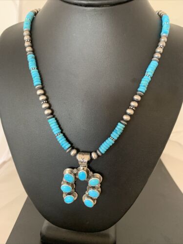 Navajo Blue Turquoise Necklace with Sterling Silver Naja Pendant | Authentic Native American Handmade | 02016