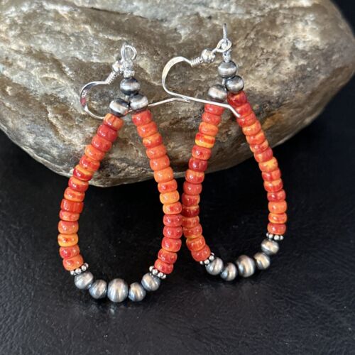 Southwestern Red Spiny Oyster Bead Earrings | Navajo Sterling Silver | Authentic Native American Handmade | 14372