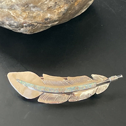 Women's Navajo Sterling Silver Feather Barrette | White Opal Inlay | Handmade | 4" | 2078