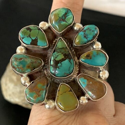 Navajo Green Turquoise Multi-Stone Cluster Ring | Authentic Native American Sterling Silver | Sz 11 | 02195