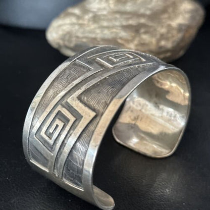 Handmade Sterling Silver Navajo Stamped Cuff Bracelet | Authentic Native American Jewelry | 14590