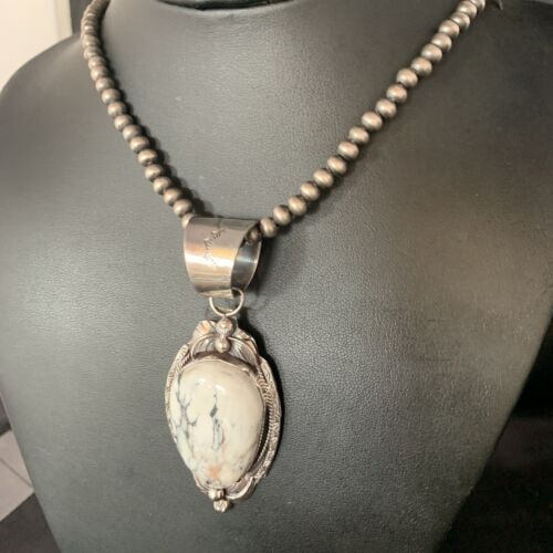 White Buffalo Turquoise Pendant Necklace | Sterling Silver | Navajo | Authentic Native American Handmade | 13991