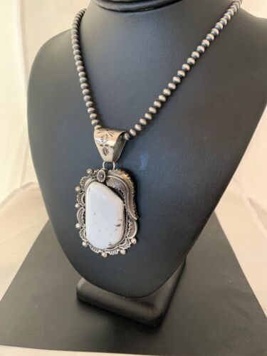 Men's White Buffalo Turquoise Pendant Necklace | Navajo Sterling Silver | 4124
