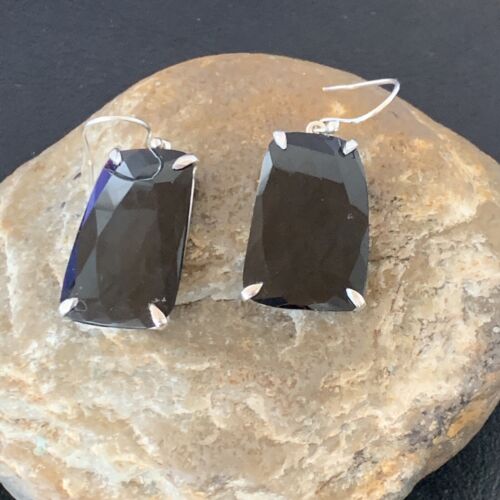 Navajo Black Faceted Quartz Dangle Earrings | Sterling Silver | 1" | Authentic Native American Handmade | 12087