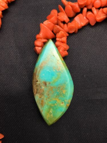 Native American Turquoise Coral Pendant Necklace | Brass Old Pawn | 19" | 4005
