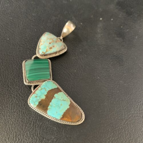 Navajo Pearls Necklace Pendant | Sterling Silver | Blue Turquoise #8 Malachite | Native American Handmade | 13500