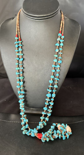 Santo Domingo Shell Turquoise Bead Pendant Jacla Necklace | 2 Strand | Pearls | Native American Handmade | 14633