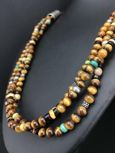 Navajo Sterling Necklace | Tiger's Eye & Turquoise | Multi-Color 3 Strand | 18" | 4892