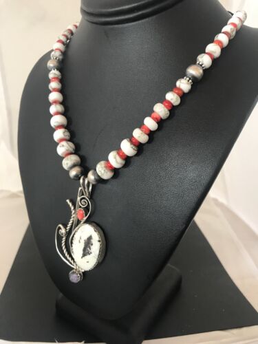 Navajo White Turquoise & Spiny Oyster Pendant Necklace | Authentic Native American Sterling Silver | Multi-Stone | 8645