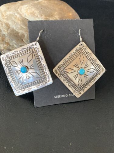 Navajo Blue Turquoise Earrings | Stamped Sterling Silver | Authentic Native American Handmade | 12912