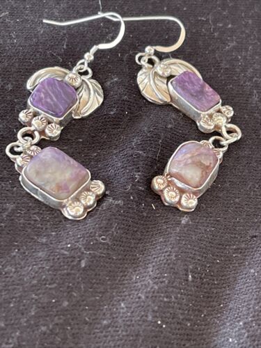 Navajo Purple Charoite Dangle Earrings | Sterling Silver | Authentic Native American Handmade | 01225
