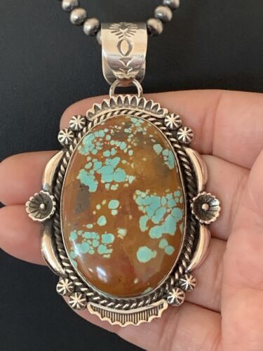 Men's Navajo Pearls Necklace Pendant | Sterling Silver | Blue Turquoise #8 | Authentic Native American Handmade | 00527