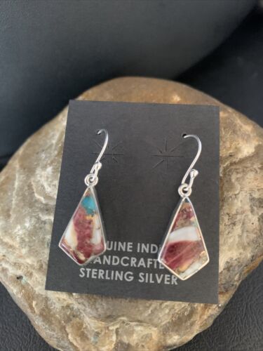Navajo Purple Spiny Oyster Turquoise Dangle Earrings | Sterling Silver | Authentic Native American Handmade | 14082