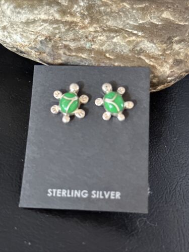 Navajo Turtle Green Turquoise Inlay Earrings | Sterling Silver | Authentic Native American Handmade | 14778