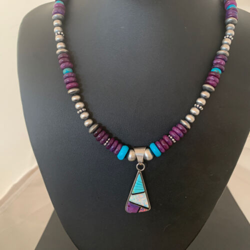 Navajo Purple Sugilite Turquoise Inlay Pendant | Sterling Silver Necklace | Authentic Native American Handmade | 02086