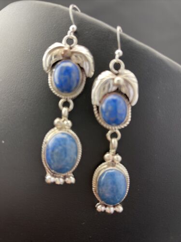 Navajo Denim Lapis Dangle Earrings | Sterling Silver | 2" | Authentic Native American Handmade | 01794