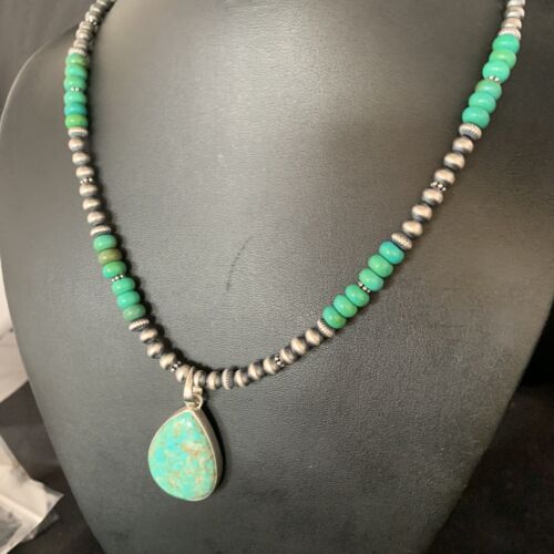 Navajo Pearl Green Royston Turquoise Pendant Necklace | Sterling Silver | 21" | Authentic Native American Handmade | 13911