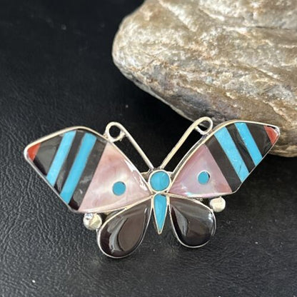 Zuni Butterfly Inlay Ring | Coral Turquoise Onyx Mother of Pearl | Sz 7 | Sterling Silver | 14435