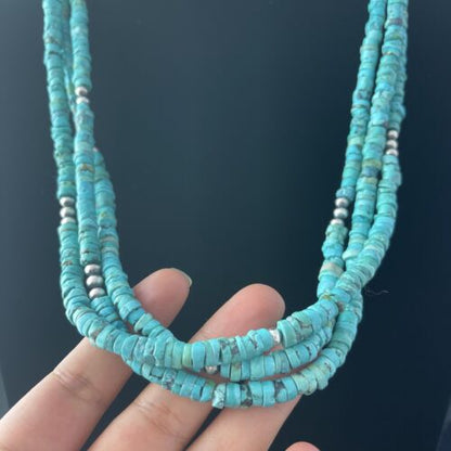 Navajo Turquoise Heishi Necklace | Sterling Silver 3 Strand 7mm | 24" | Authentic Native American Handmade | 01769