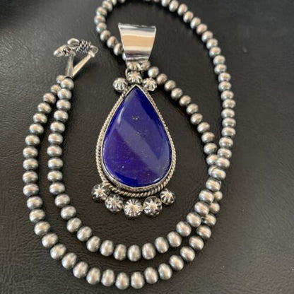 Native American Navajo Blue Lapis Pendant Necklace | Sterling Silver | Authentic Handmade | 11676 - Masha USA