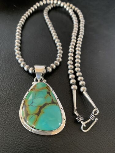 Men's Navajo Blue Spiderweb Turquoise Pendant Necklace | Sterling Silver | Authentic Native American Handmade | 10674