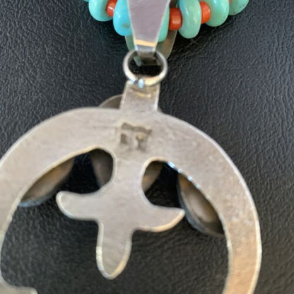 Navajo Sterling Silver Necklace | Blue Turquoise & Coral Naja Pendant | Authentic Native American Handmade | 13744