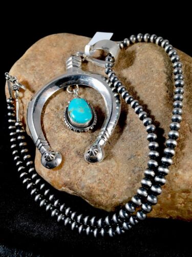 Navajo Turquoise #8 Naja Pendant | Sterling Silver Necklace | Authentic Native American Handmade | 8670