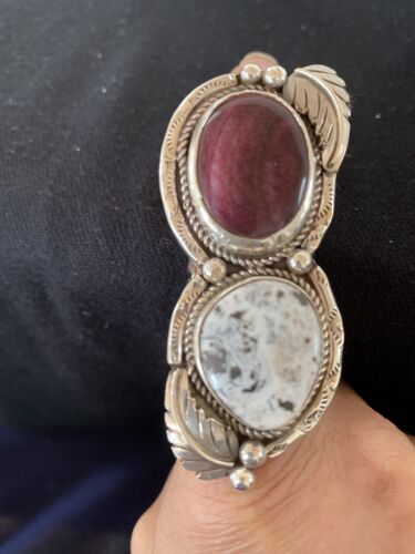 Navajo White Buffalo Turquoise & Spiny Oyster Multi-Stone Ring | Authentic Native American Sterling Silver | Sz 9 | 307