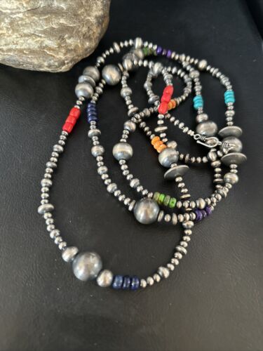 4mm - 16mm Mixed Gauge Sterling Silver Navajo Pearls | Multi-Color Bead | Authentic Native American Handmade Necklace | Length 18"-96"