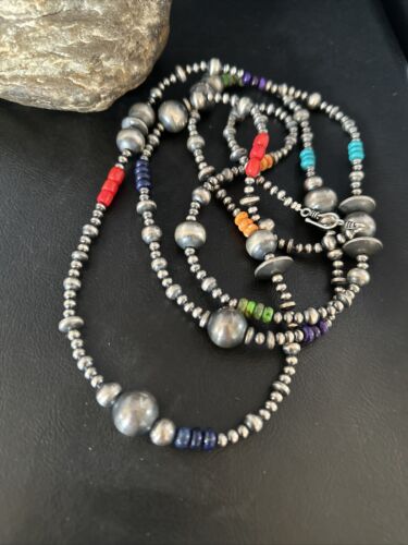 Navajo Pearls Multi-Color Sterling Silver Bead Necklace | 60" Single Strand | Southwestern