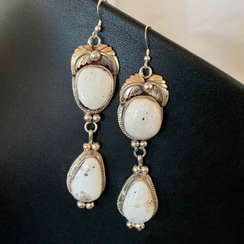Navajo White Buffalo Turquoise Dangle Earrings | Sterling Silver | 2.50" | Authentic Native American Handmade | 1665