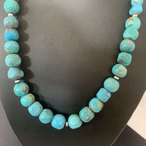 Navajo Blue Turquoise Bead Necklace Pendant | Sterling Silver | Authentic Native American Handmade | 20" | 02205