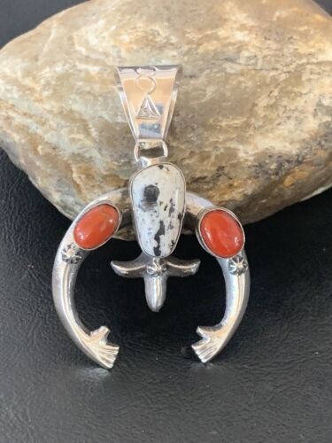 Navajo White Buffalo Turquoise Coral Naja Pendant | Sterling Silver | Authentic Native American Handmade | 11573