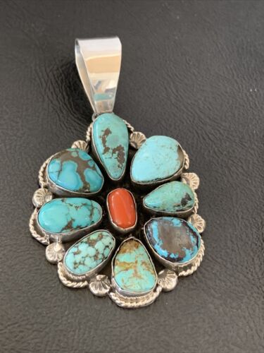 Navajo Cluster Coral Spiderweb Turquoise Pendant | Sterling Silver | Authentic Native American Handmade | 2228