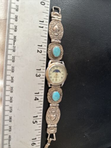 Old Pawn Women's Blue Turquoise Navajo Sterling Silver Watch Tips | Authentic Native American Jewelry | 14757