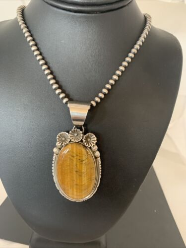 Men's Navajo Pearls Necklace with Sterling Silver Coffee Tigers Eye Pendant | Authentic Native American Handmade | 01771