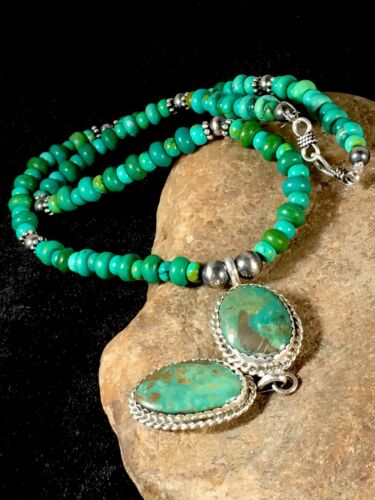 Southwestern Green Turquoise Necklace | Pueblo Sterling Silver Pendant | Multi-Stone | 8697