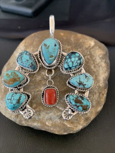 Navajo Coral Spiderweb Turquoise Pendant | Authentic Native American Sterling Silver | Naja | 02226