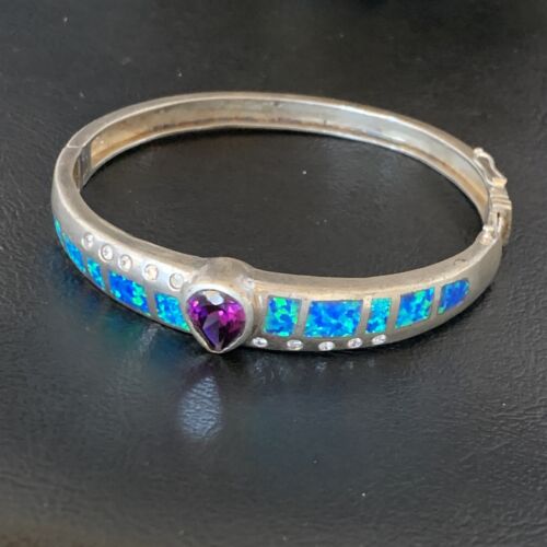 Southwestern Navajo Blue Opal Amethyst Bracelet | Sterling Silver | 7" | 13122