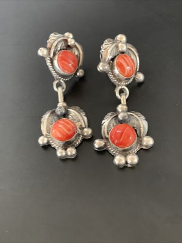 Navajo Red Spiny Oyster Dangle Earrings | Sterling Silver | Authentic Native American Handmade | 2060