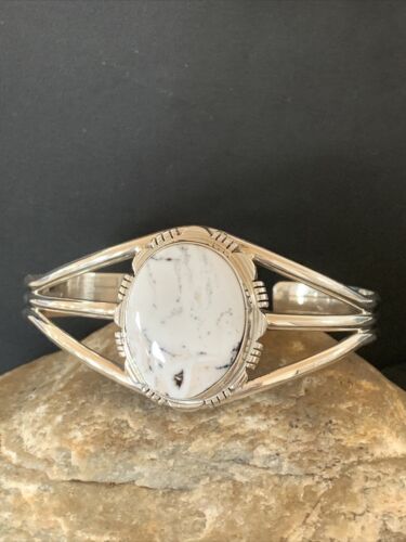 Navajo White Buffalo Turquoise Cuff Bracelet | Sterling Silver | Authentic Native American Handmade | 1389 - Masha USA