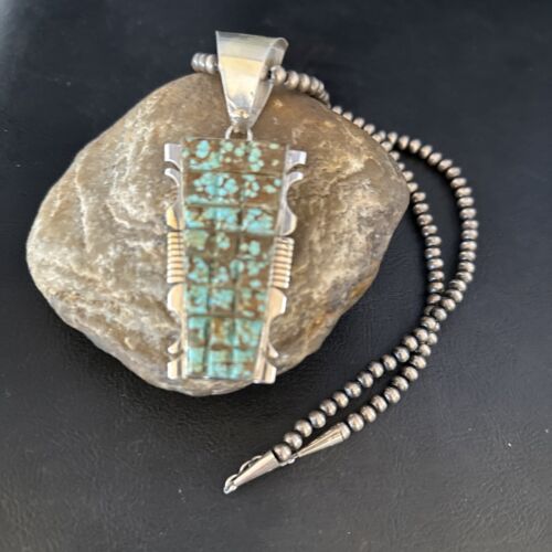 Authentic Native American Navajo Blue Turquoise Necklace Pendant | Sterling Silver | 8" | 14462