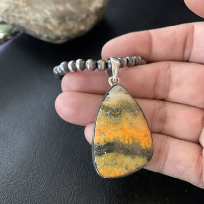 Navajo Yellow Bumblebee Jasper Pendant Necklace | Sterling Silver | Authentic Native American Handmade | 12806