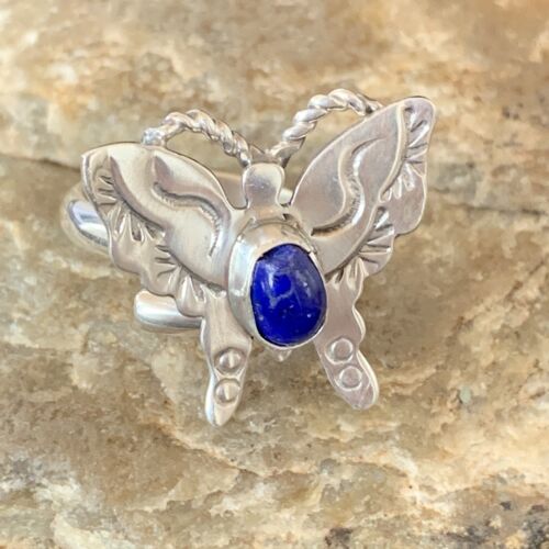 Navajo Navy Blue Lapis Butterfly Ring | Sterling Silver | Sz Adj 8 | Authentic Native American Handmade | 10352