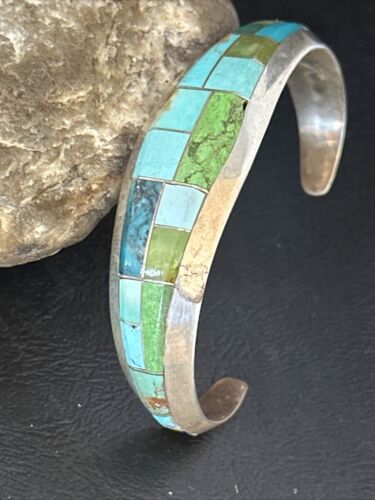 Native American Men's Blue Green Turquoise Inlay Bracelet | Sterling Silver | 14302 - Masha USA