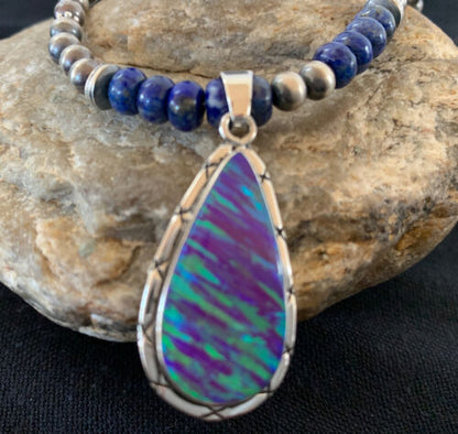 Southwestern Navajo Purple Opal Lapis Pendant Necklace | Sterling Silver | Authentic Native American Handmade | 00592