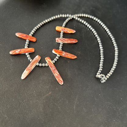 Native American Navajo Spiny Oyster Stick Bead Necklace | Sterling Silver | 20" | 14327