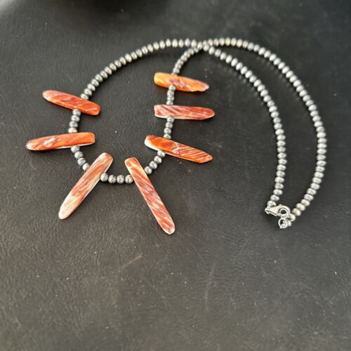 Navajo Spiny Oyster Stick Bead Necklace | Sterling Silver | 20" | Authentic Native American Handmade | 14328